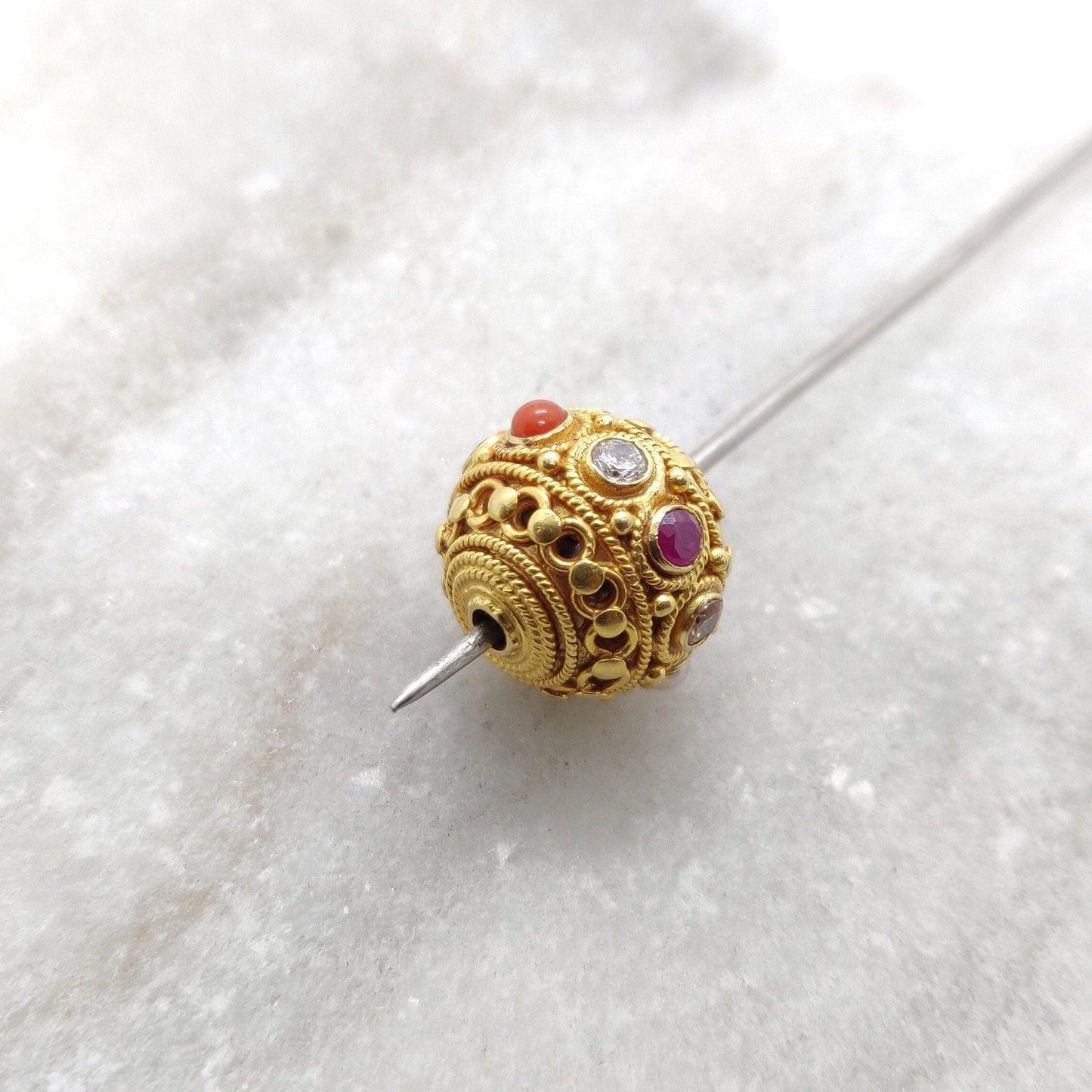 18KTT Solid Yellow Navratan Round Fancy Spacer Beads 12.5mm