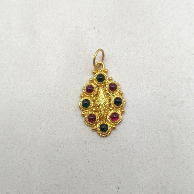 18k Solid Yellow Gold Multi-Gemstone Oval Pendant