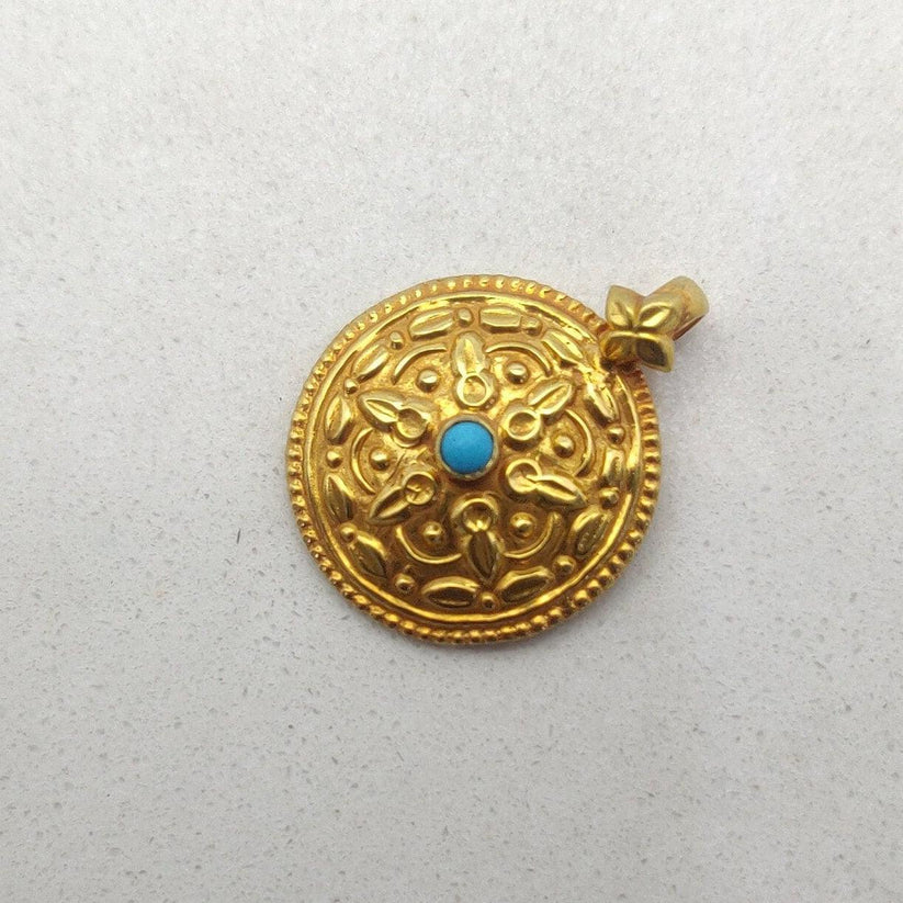 18k Solid Yellow Gold Turquoise Pendant 17mm Antique Jewelry