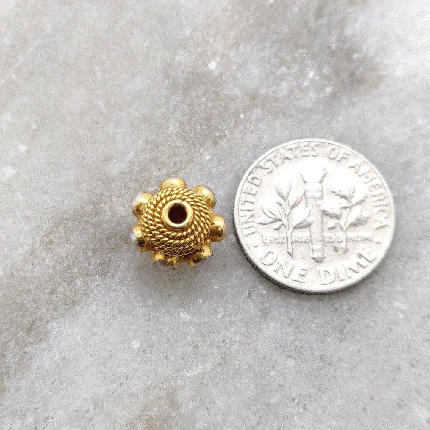 18K Gold Engrave Pearl stone Rondelle Spacer Bead 10mm