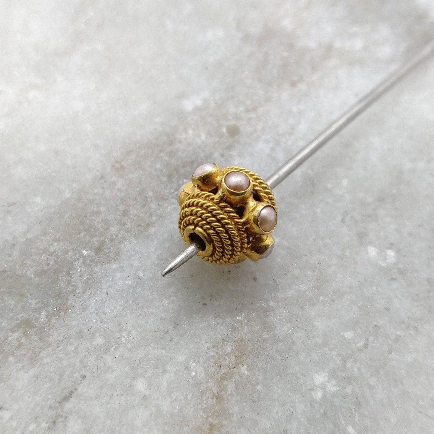 18K Gold Engrave Pearl stone Rondelle Spacer Bead 10mm