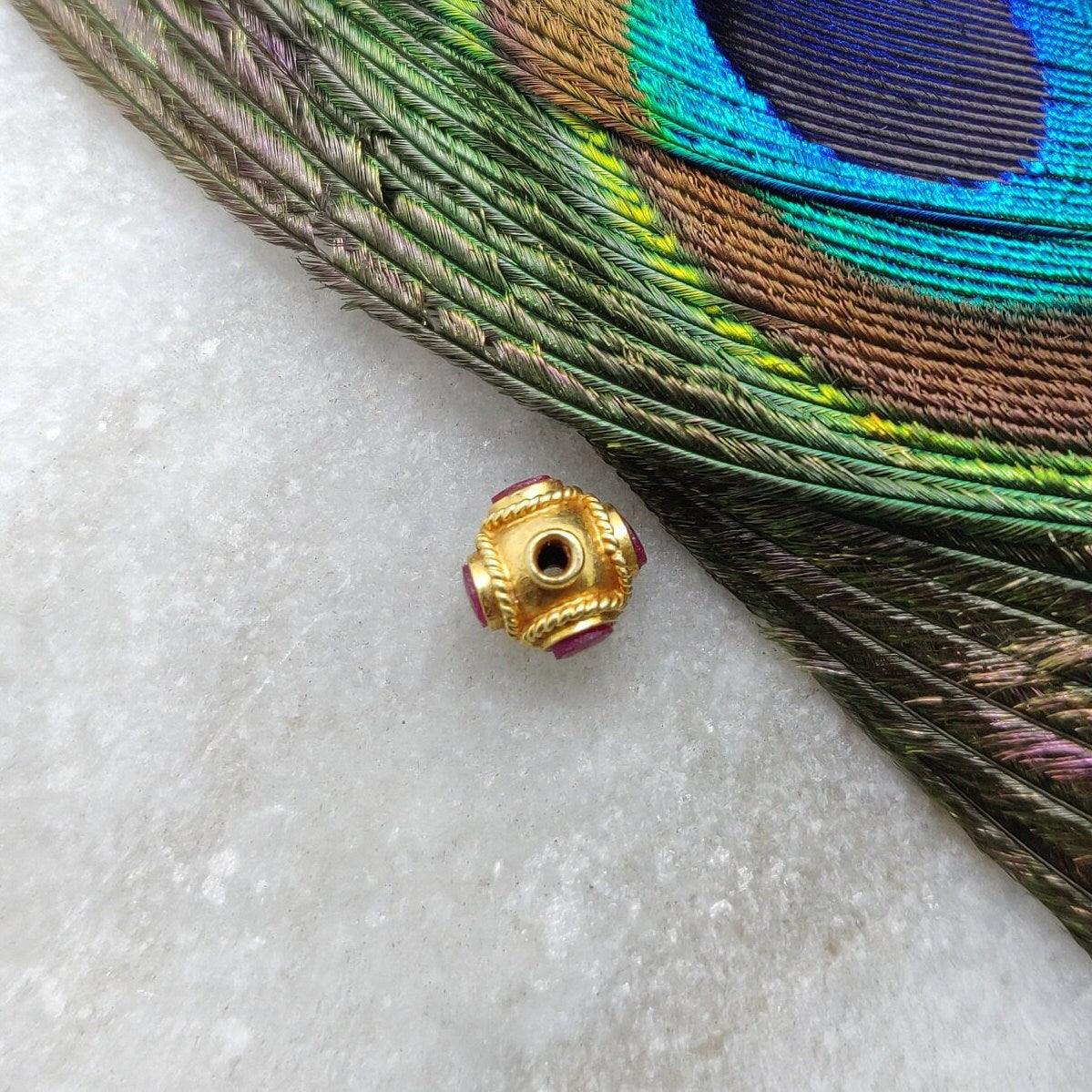 18K Gold Rondelle  Ball Bead Spacer With Ruby Stone 7mm