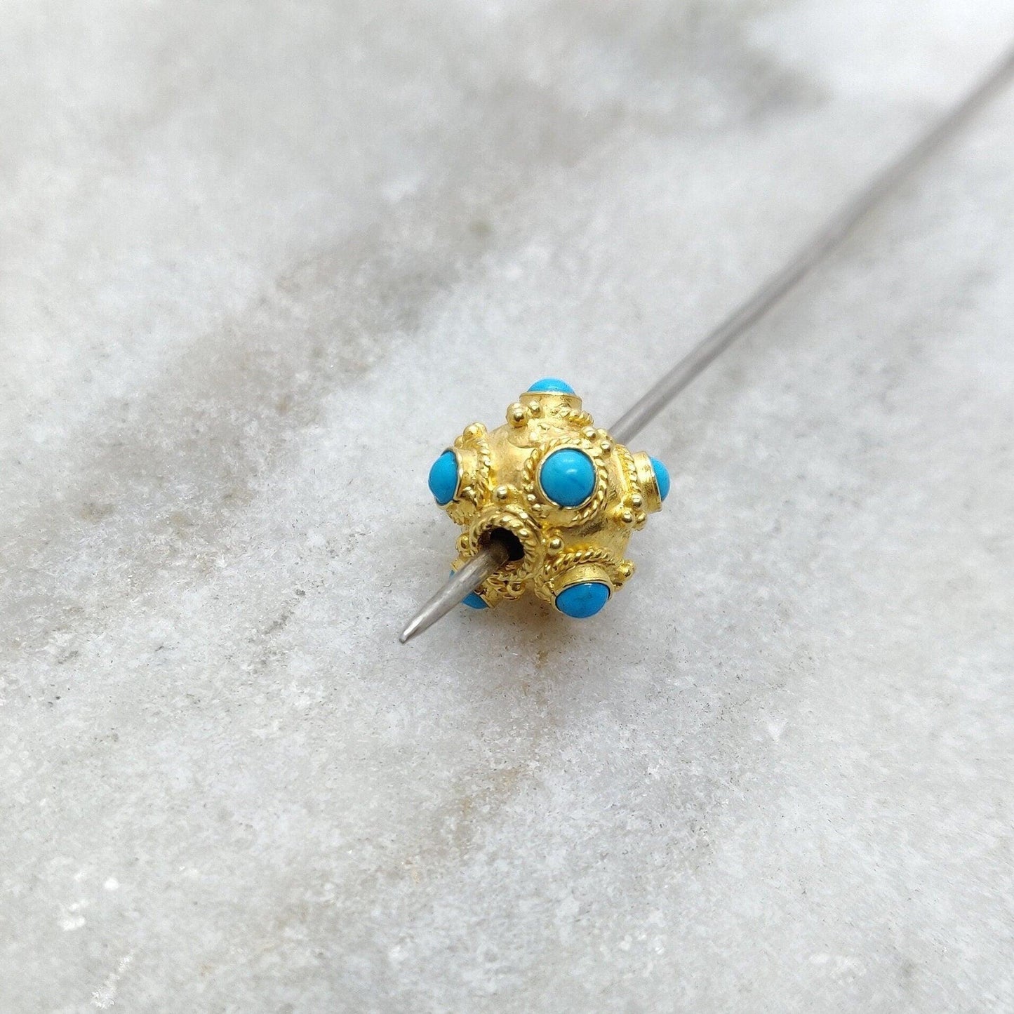 Handmade 18 Karat Gold Turquoise Stone Spacer Ball Bead