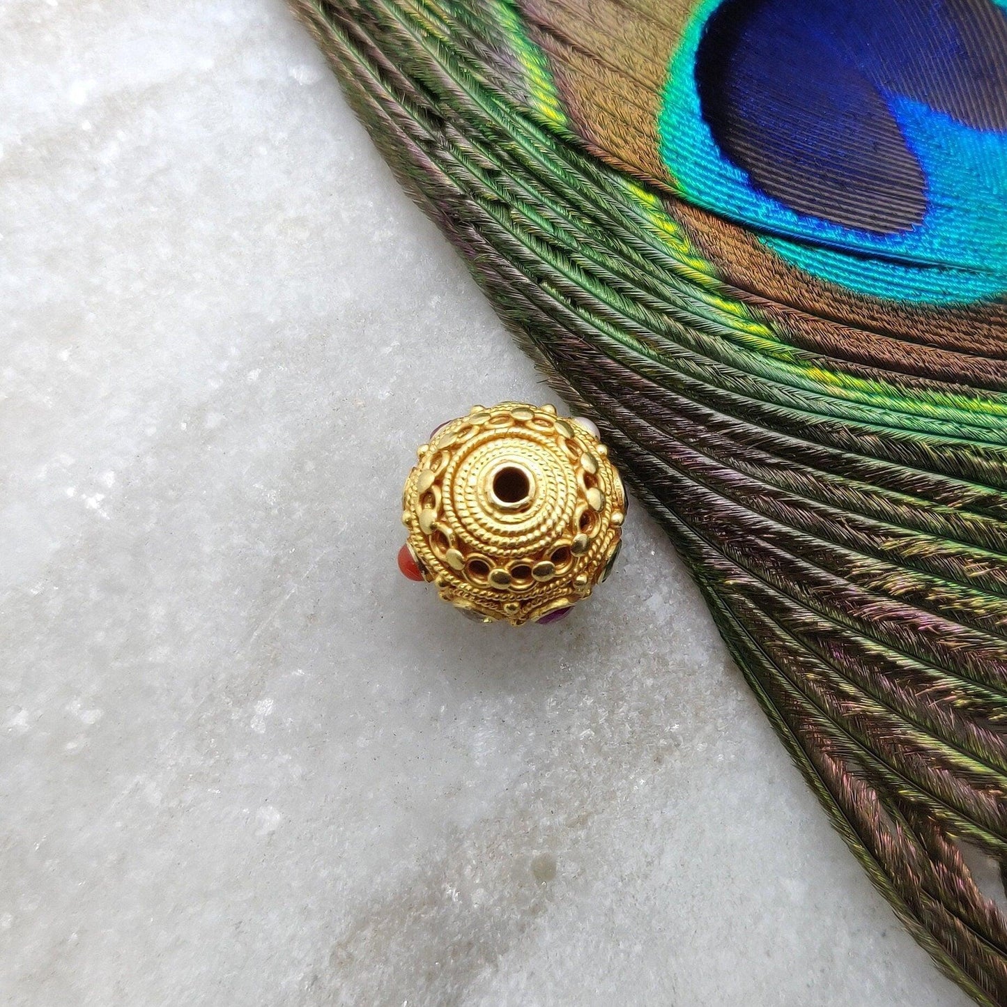 18KTT Solid Yellow Navratan Round Fancy Spacer Beads 12.5mm