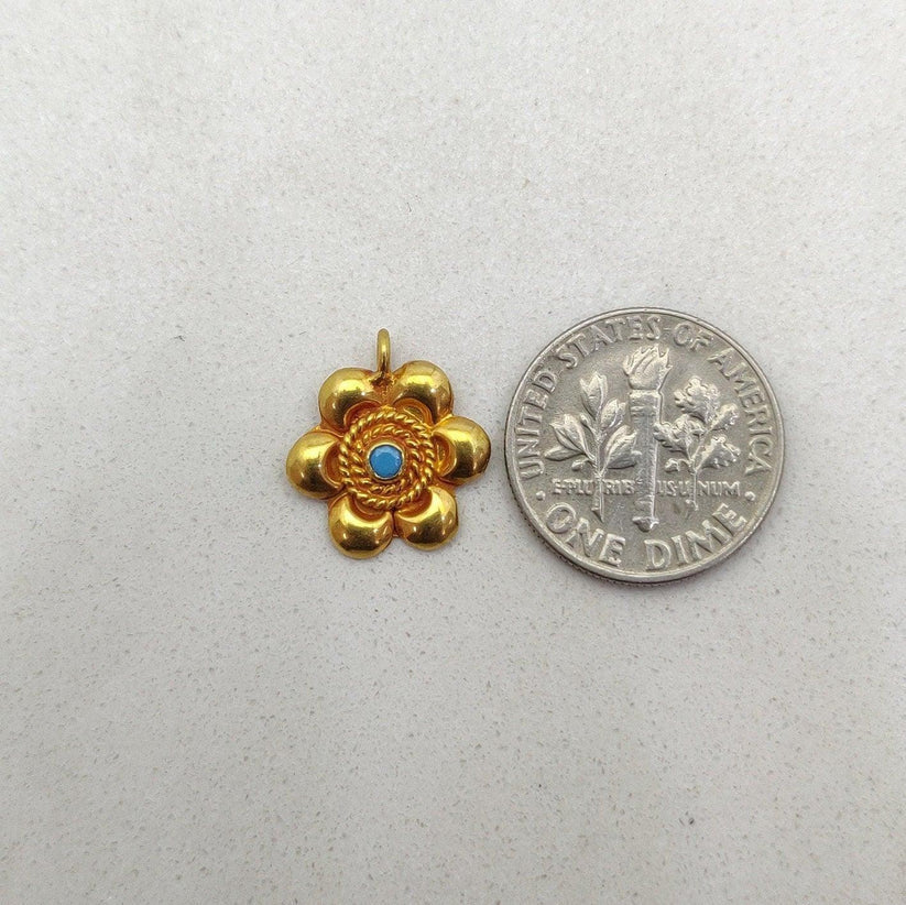 18k Solid Yellow Gold Turquoise Floral Charm Pendant-13 MM