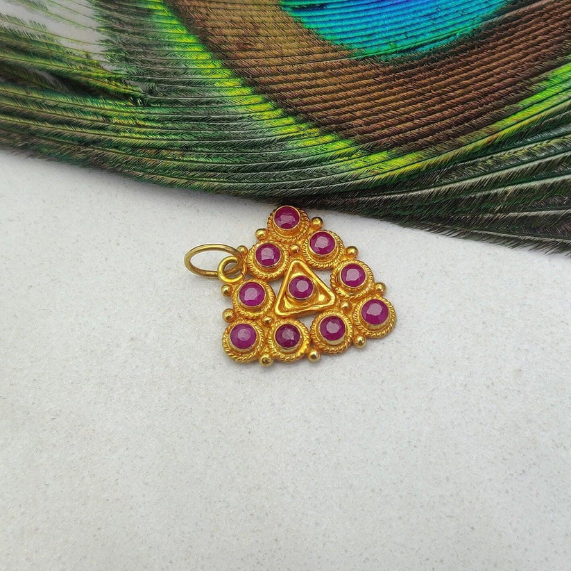 18K Solid Yellow Gold Stone Studded Triangle Pendant