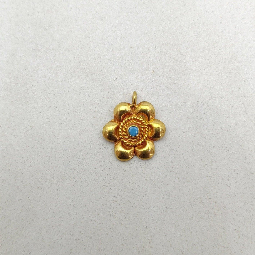 18k Solid Yellow Gold Turquoise Floral Charm Pendant-13 MM