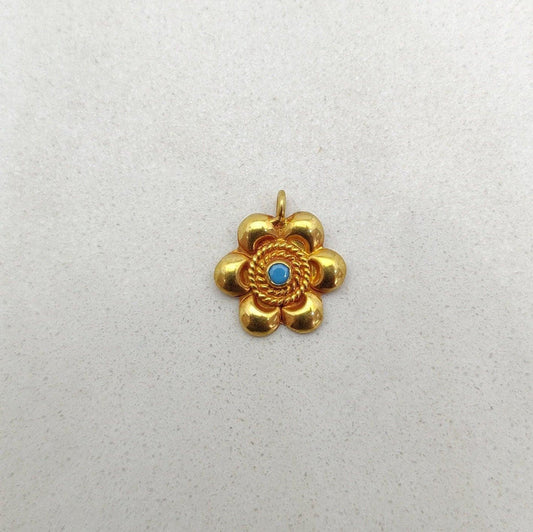 18k Solid Yellow Gold Turquoise Floral Charm Pendant-13 MM - view 3