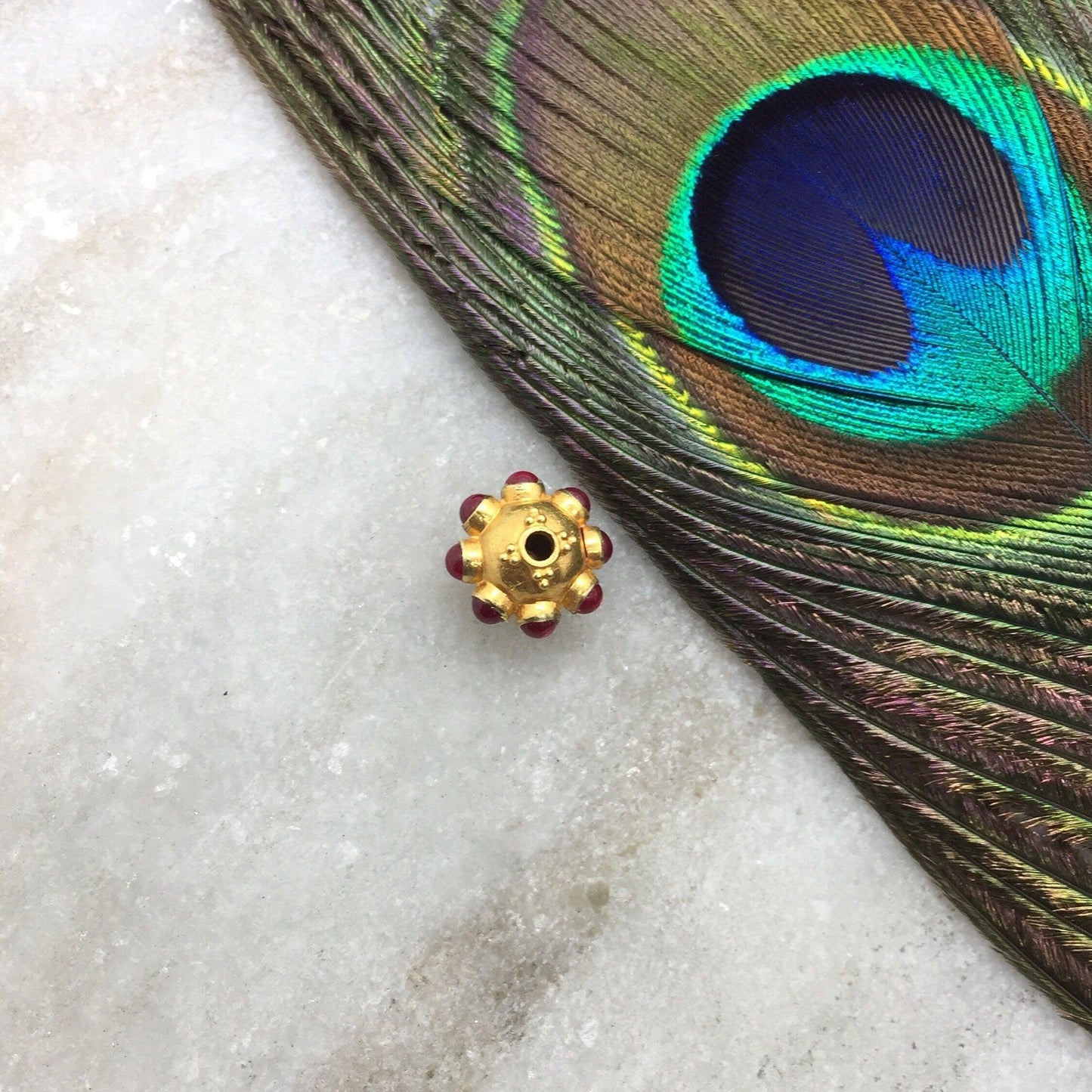 18K Gold Ruby Floral Spacer Beads 11x8mm