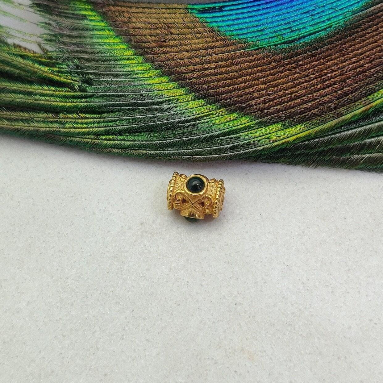 18K Solid Yellow Gold Stone Studded Tube Gold Spacer Bead Components 7x4mm