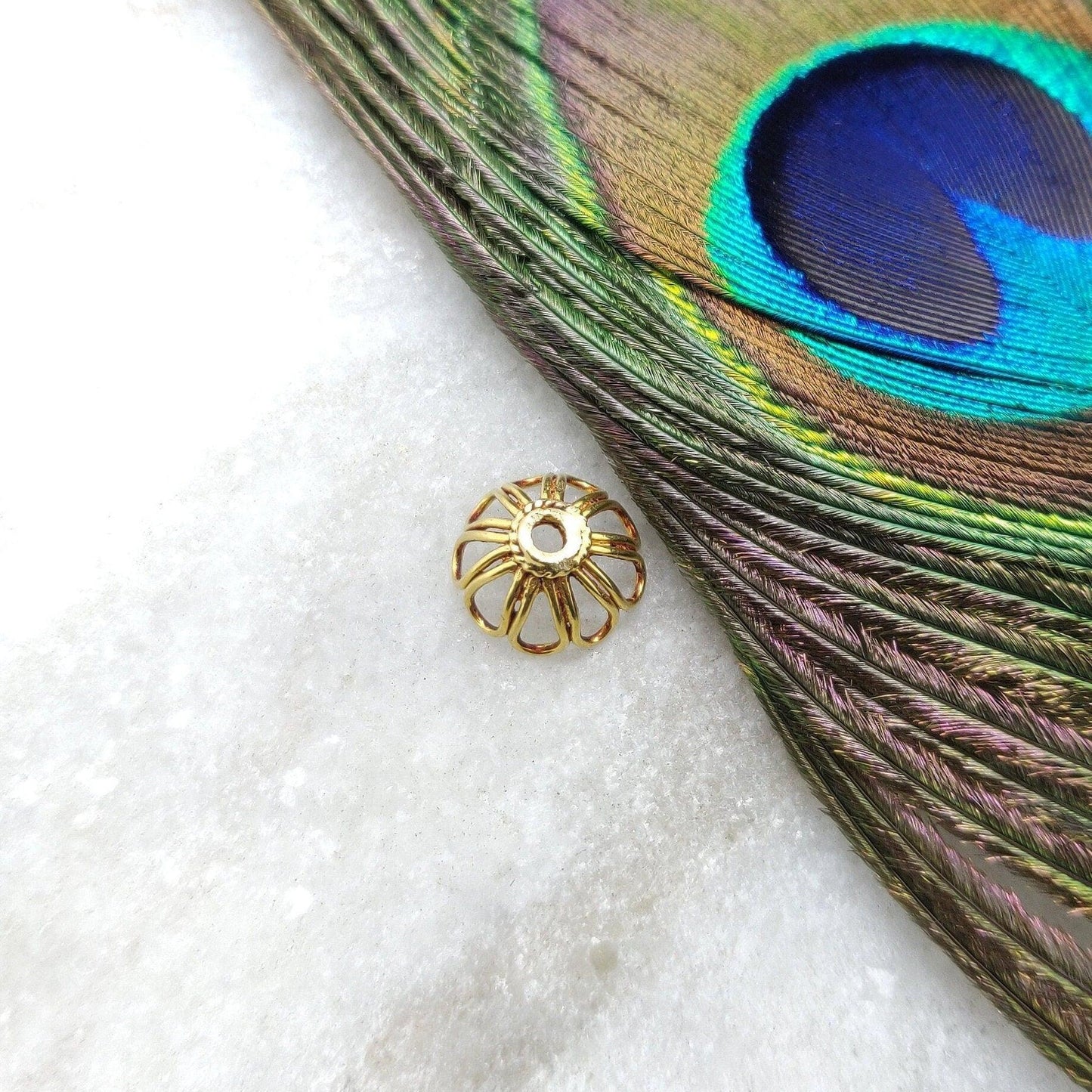 18K Solid Yellow Gold-Plated Flower Bead Cap 6x11mm