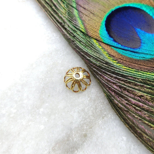 18K Solid Yellow Gold-Plated Flower Bead Cap 6x11mm