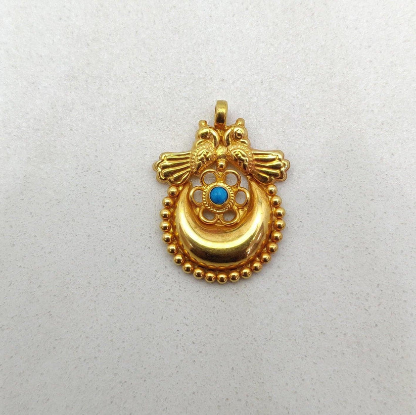 18k Solid Yellow Gold Turquoise Love Birds with Moon Pendant
