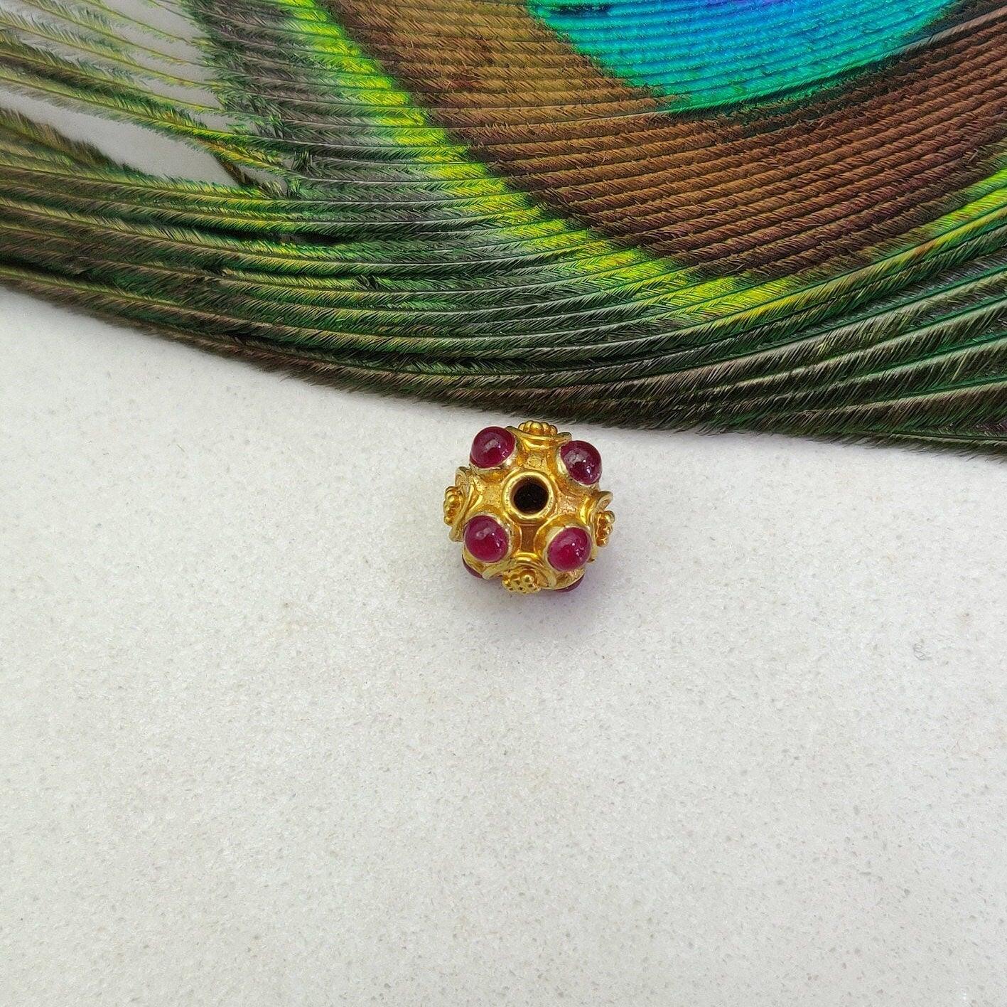 18K Solid Yellow Gold Stone Studded Round Beads 9mm