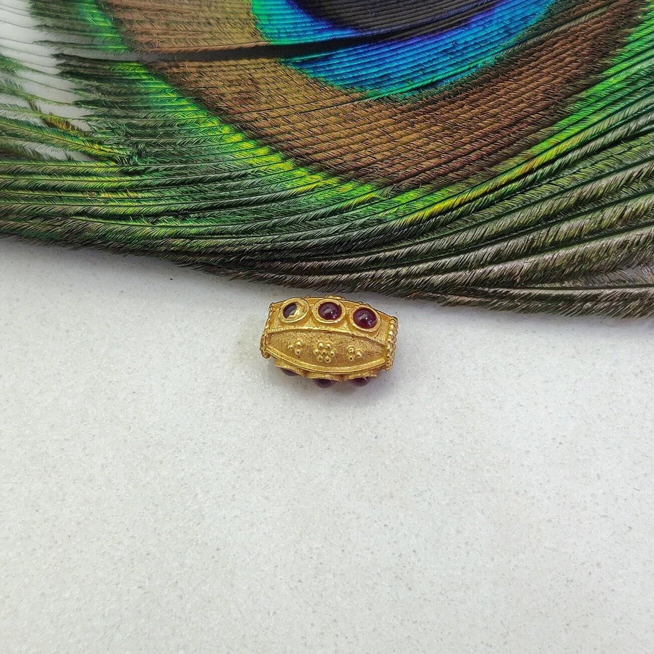 18KT Gold Ruby Stone Studded Fancy Beads - 12X8mm