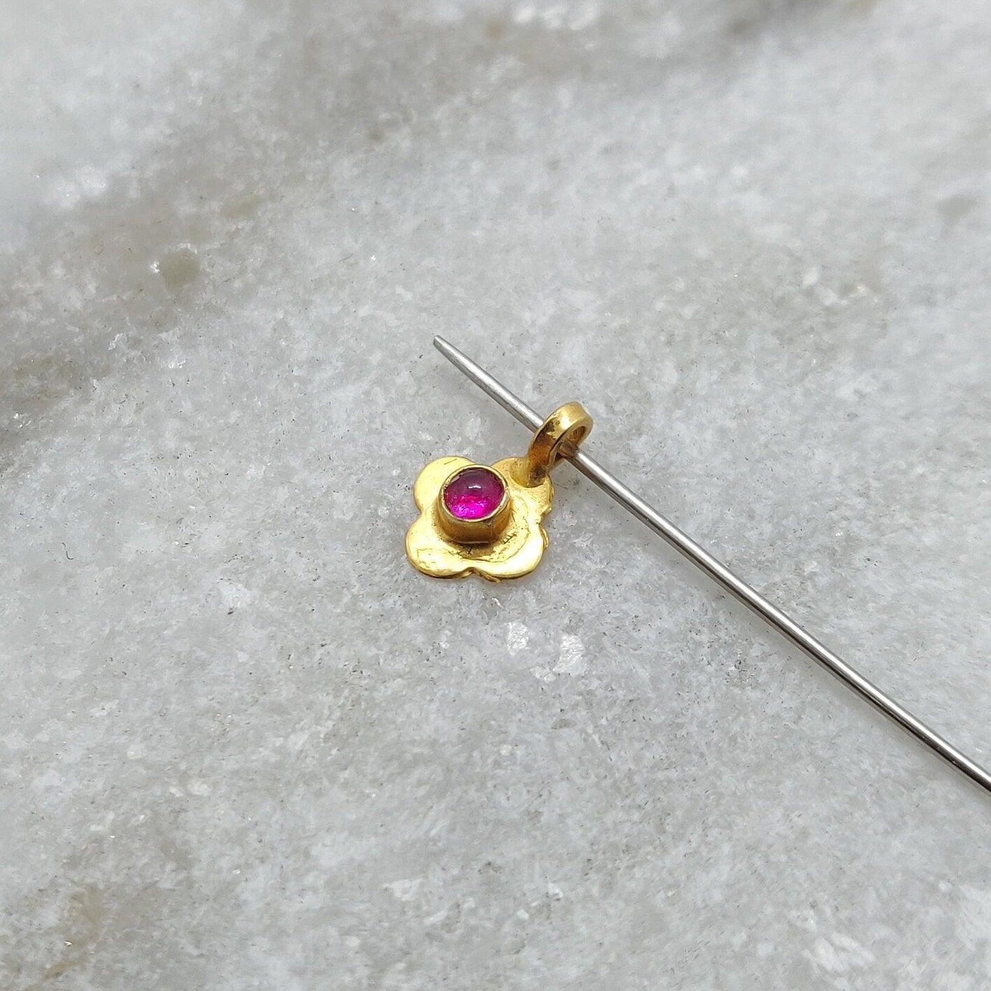 18k Solid Yellow Gold Stone Studded Floral Pendant Charm 8mm - Sar Gems