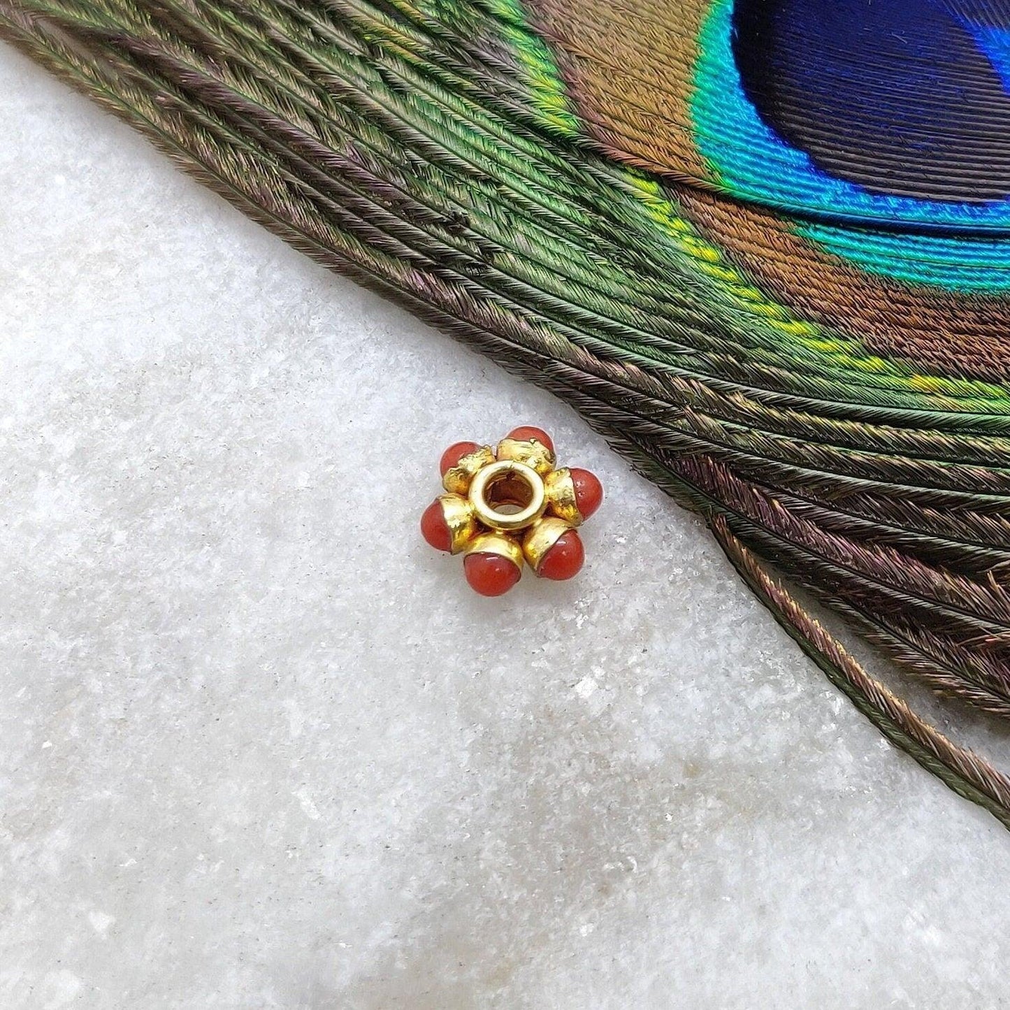 18K Gold Bead Wheel Coral Stone Gold Spacer Bead Components 8mm