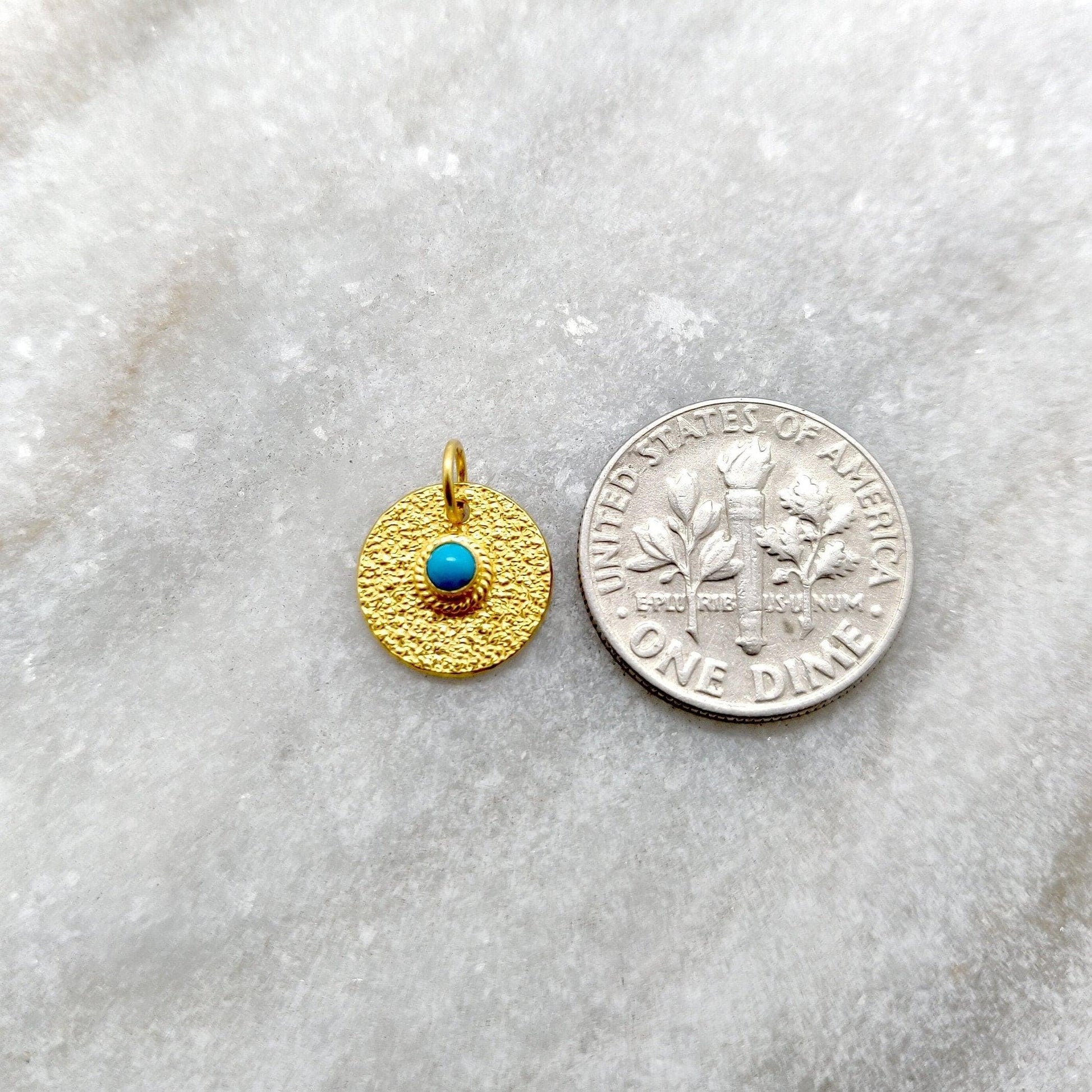 18k Solid Yellow Gold Turquoise Round Charm Pendent 12mm - Sar Gems