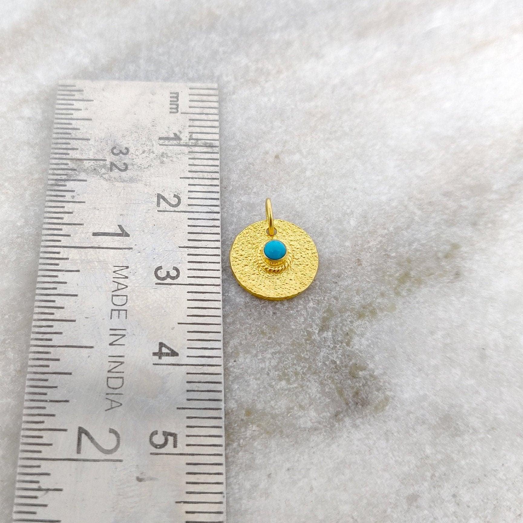 18k Solid Yellow Gold Turquoise Round Charm Pendent 12mm - Sar Gems