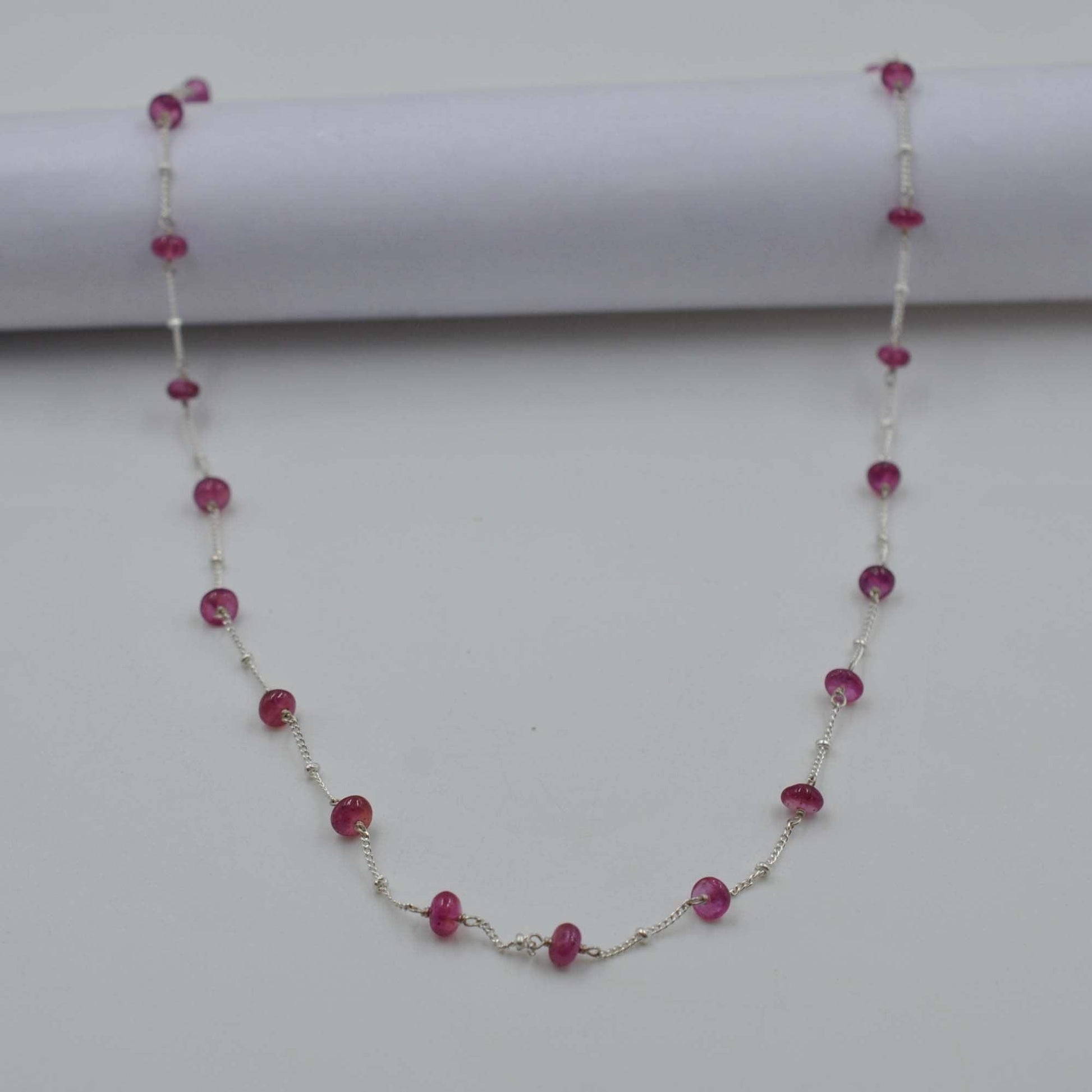 Sterling Silver Ruby Beaded Chain Necklace - Sar Gems