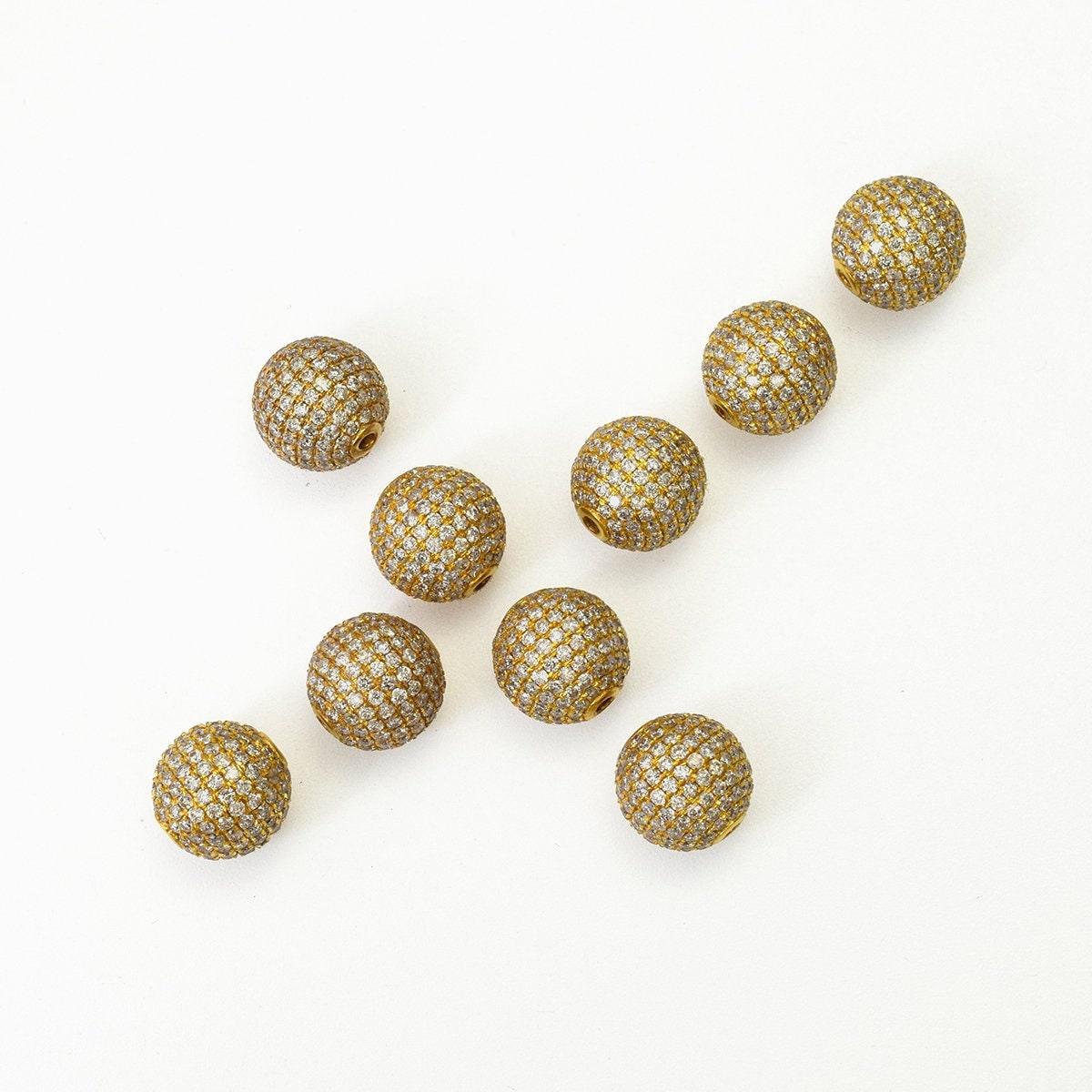 14k Solid Yellow Gold Pave Diamond Ball Spacer Beads - SAR Gems