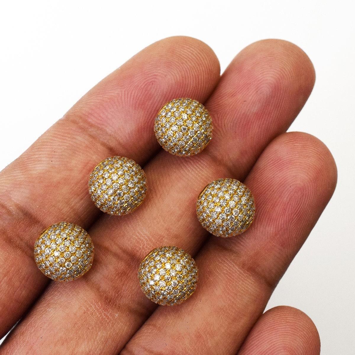14k Solid Yellow Gold Pave Diamond Ball Spacer Beads - SAR Gems