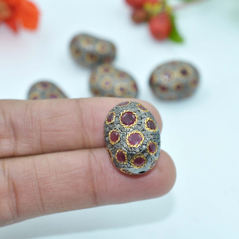 925 Sterling Silver Pave Diamond & Ruby Oval Spacer Bead