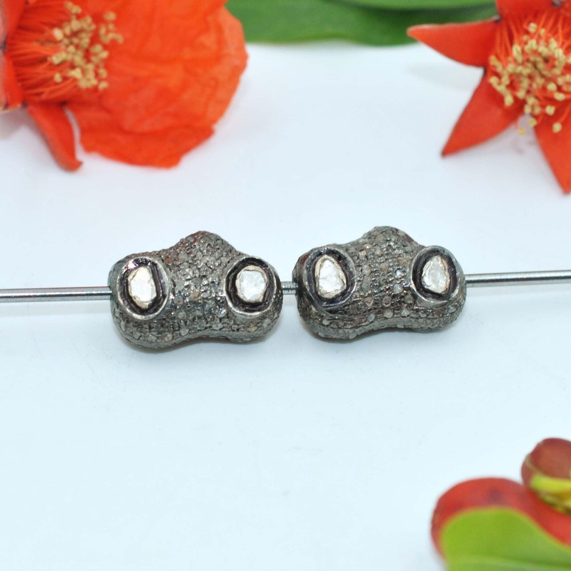 925 Sterling Silver Uncut Pave Polki Diamond Fancy Bead - SAR Gems