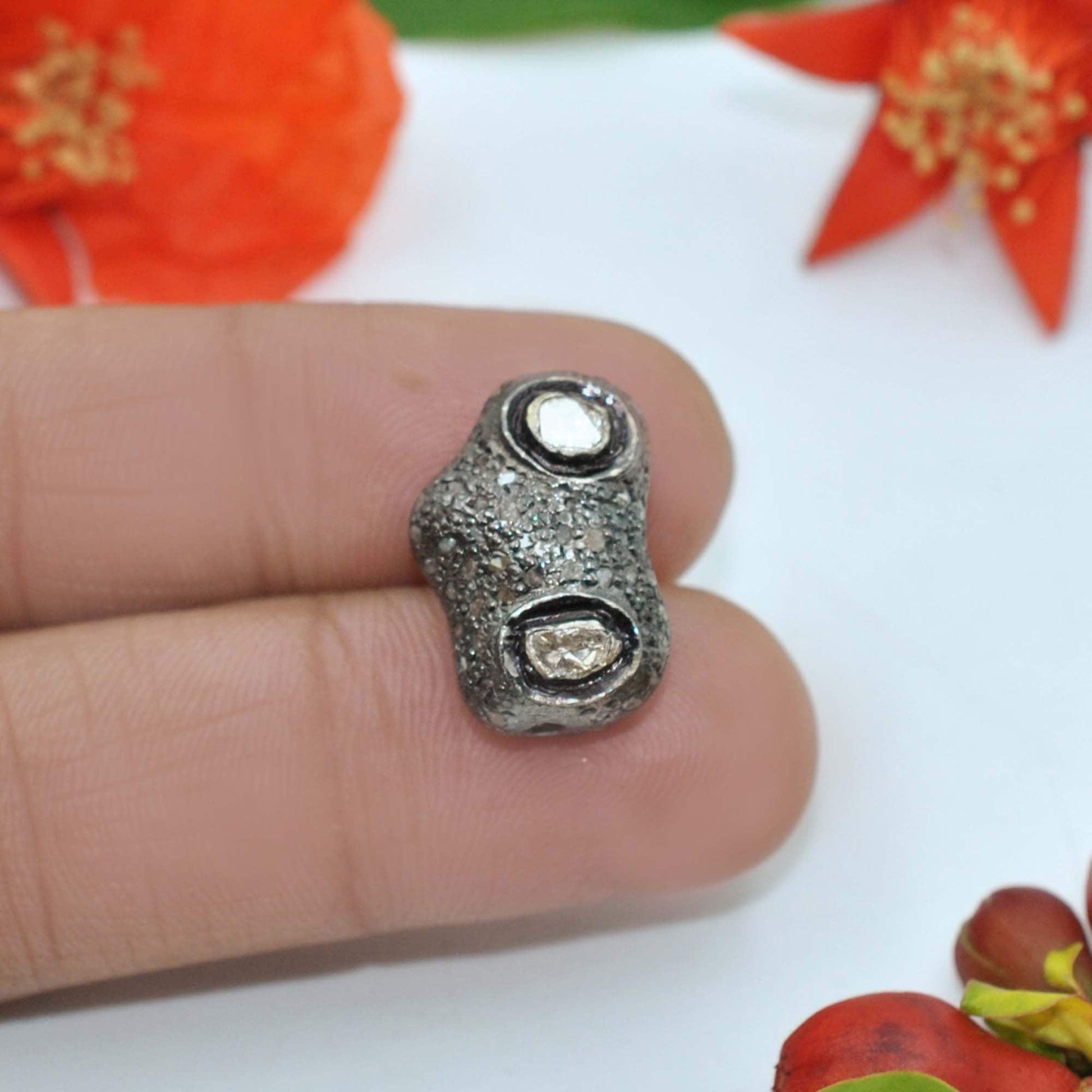 925 Sterling Silver Uncut Pave Polki Diamond Fancy Bead - SAR Gems
