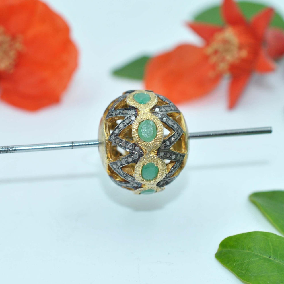 925 Sterling Silver Diamond & Emerald Round Spacer Bead