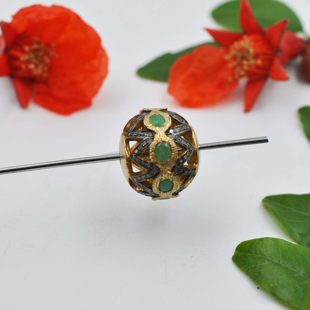 925 Sterling Silver Diamond & Emerald Round Spacer Bead