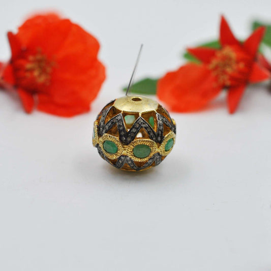 925 Sterling Silver Diamond & Emerald Round Spacer Bead