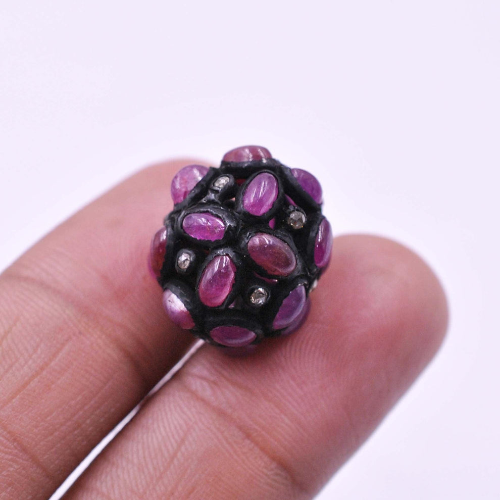 925 Sterling Silver Pave Diamond & Ruby Oxidized Spacer Bead
