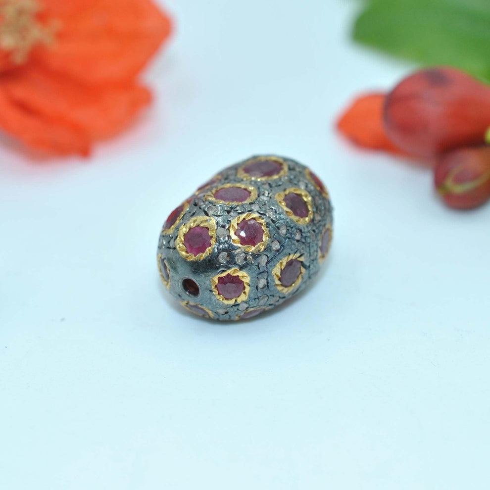 925 Sterling Silver Pave Diamond & Ruby Oval Spacer Bead