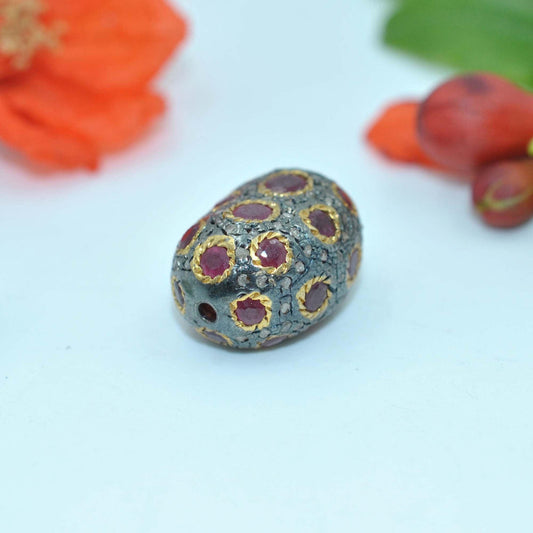 925 Sterling Silver Pave Diamond & Ruby Oval Spacer Bead - view 3