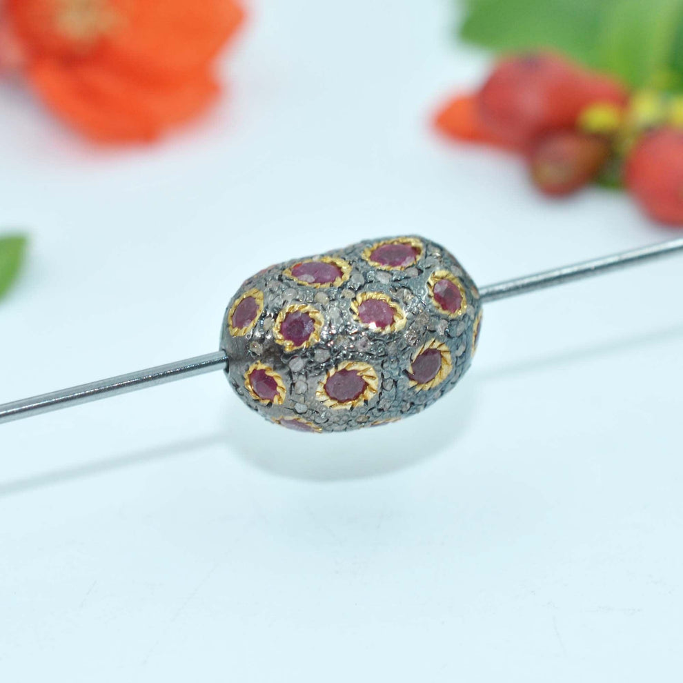 925 Sterling Silver Pave Diamond & Ruby Oval Spacer Bead