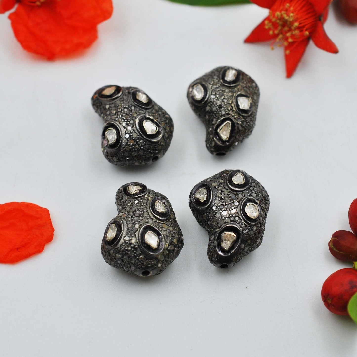 925 Sterling Silver Pave Polki Diamond Fancy Beads-DIY Jewelry Making - SAR Gems