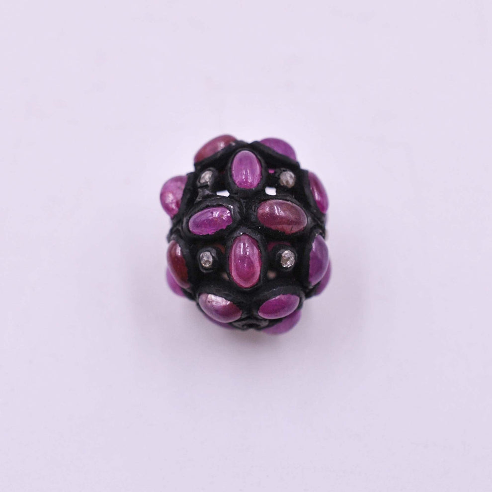 925 Sterling Silver Pave Diamond & Ruby Oxidized Spacer Bead