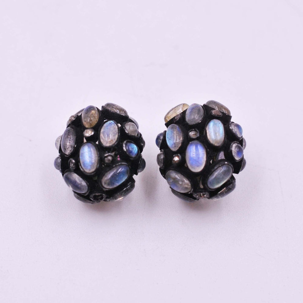 925 Sterling Silver Pave Diamond & Labradorite Beads