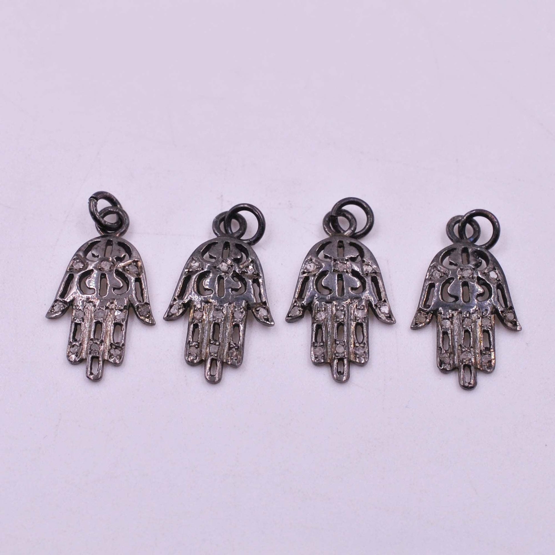 925 Sterling Silver Pave Diamond Oxidized Hamsa Hand Charms - SAR Gems