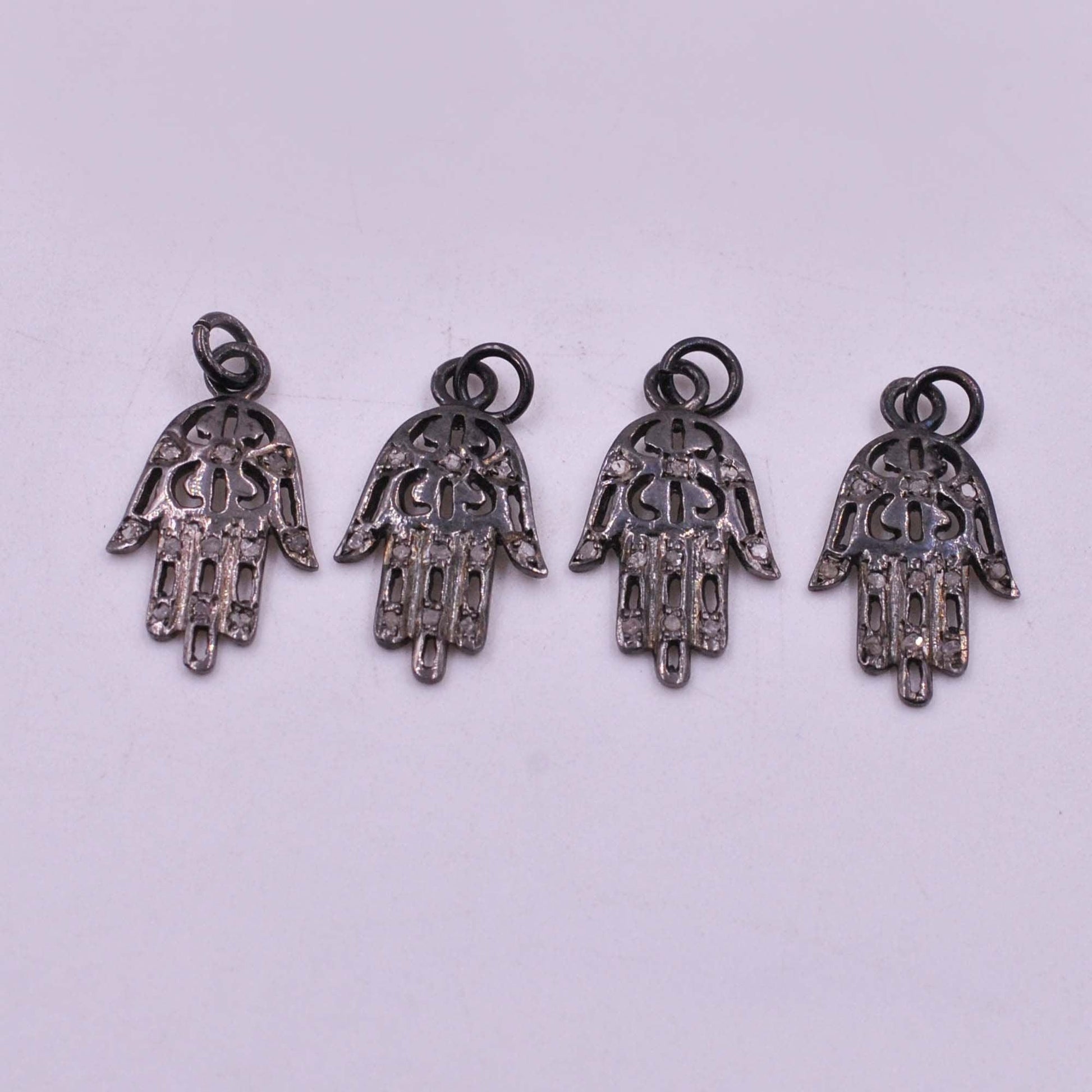 925 Sterling Silver Pave Diamond Oxidized Hamsa Hand Charms - SAR Gems