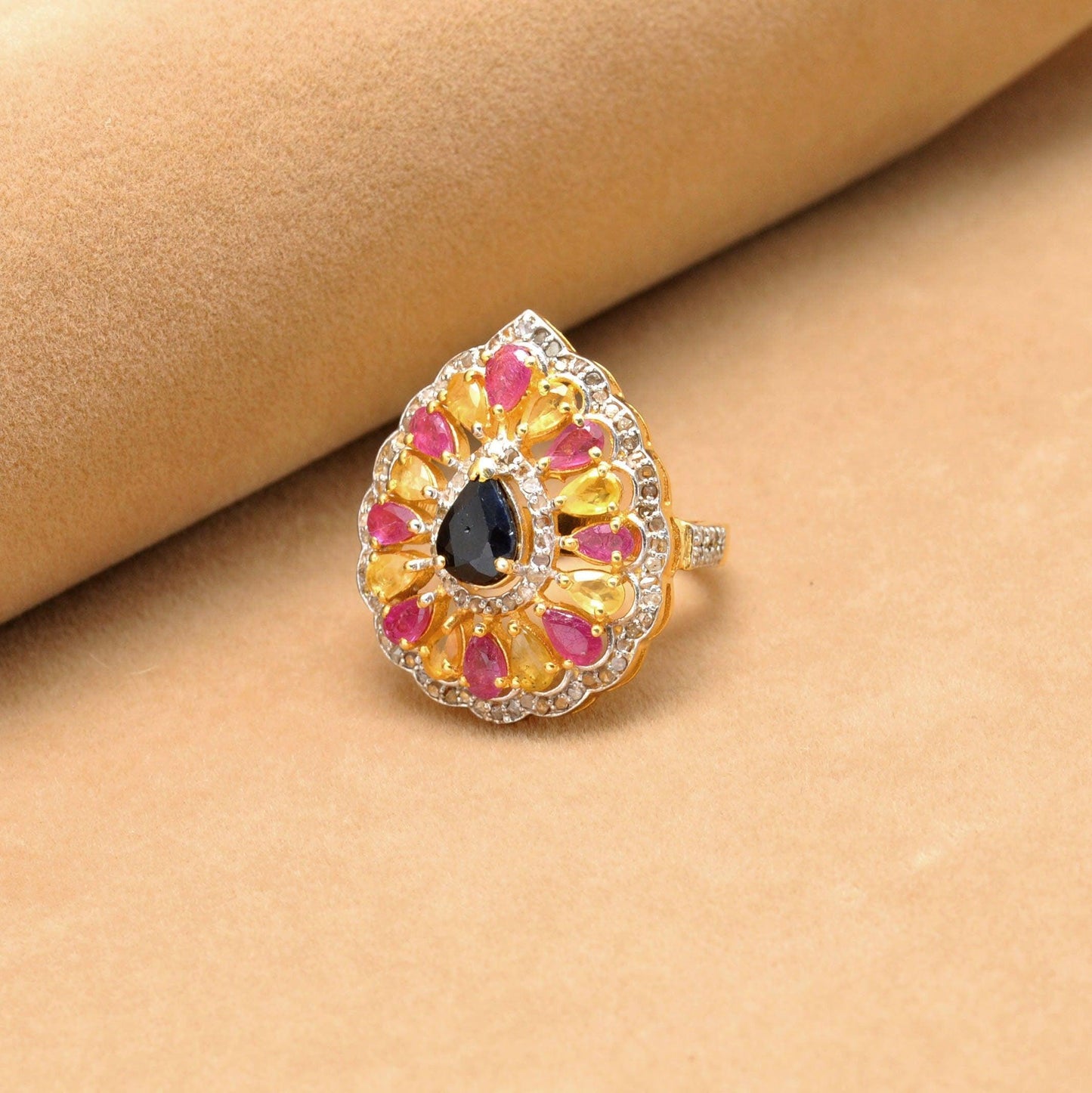 Multi Gemstone Diamond Victorian 18k Gold Ring Size 7 - SAR Gems