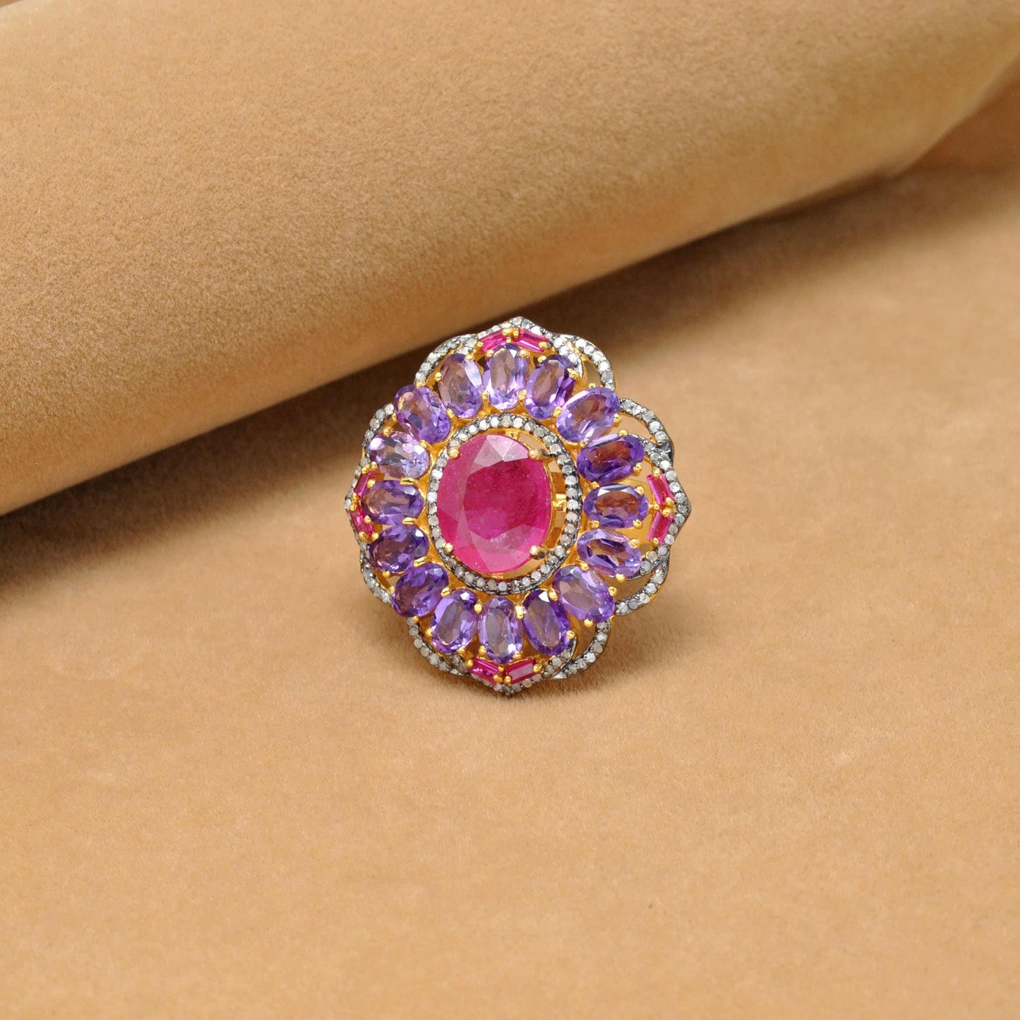 925 Sterling Silver Pave Diamond & Ruby Victorian Ring - SAR Gems