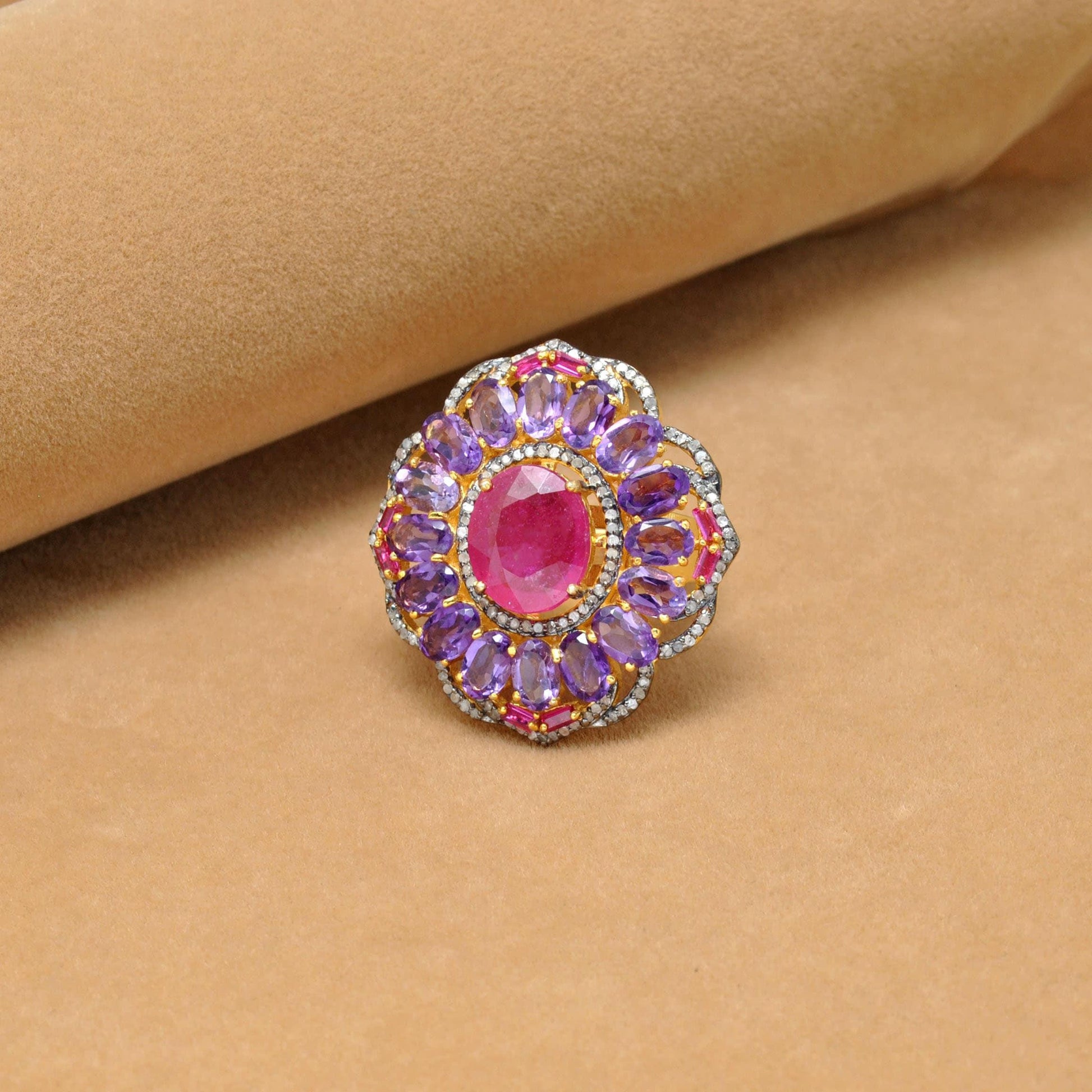 925 Sterling Silver Pave Diamond & Ruby Victorian Ring - SAR Gems