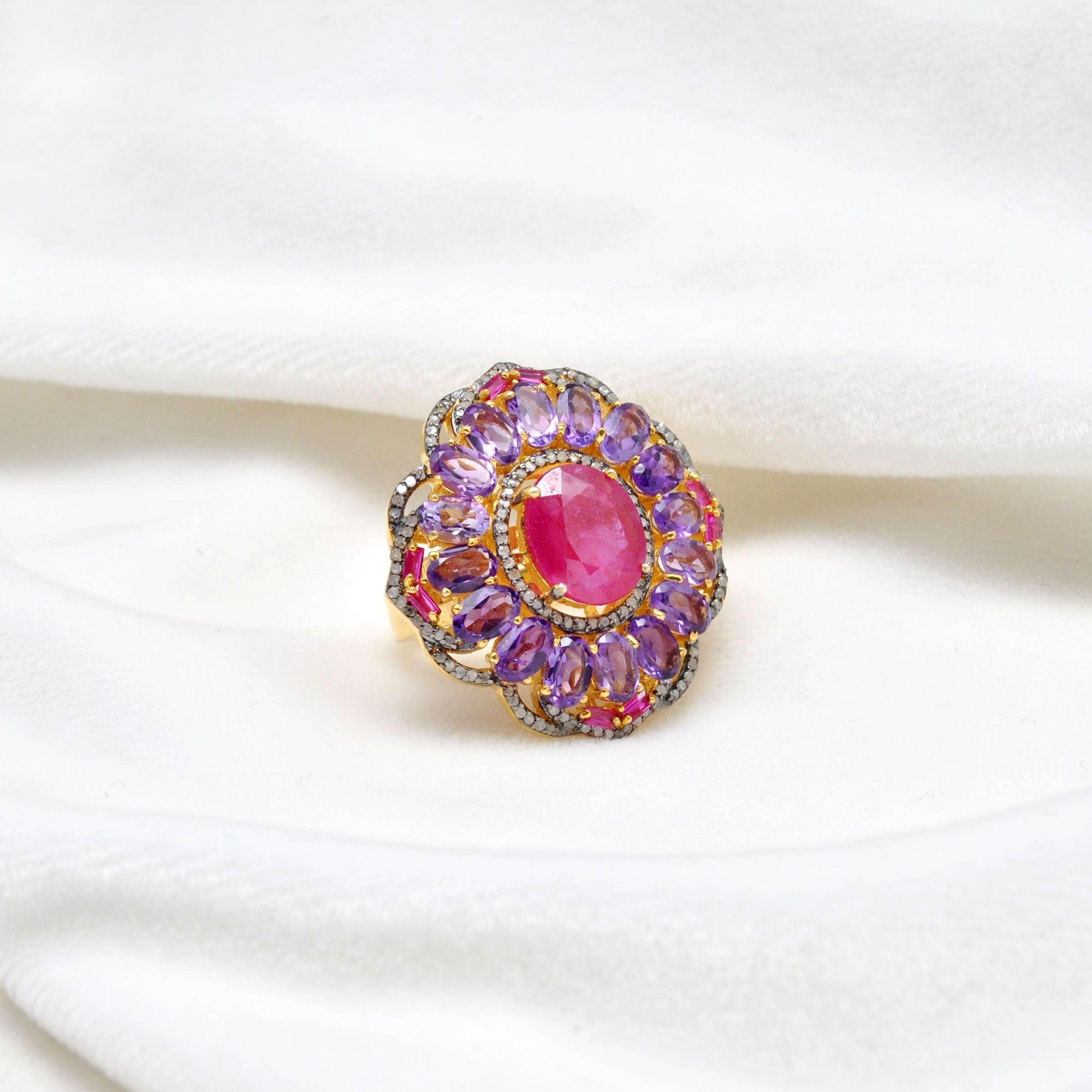 925 Sterling Silver Pave Diamond & Ruby Victorian Ring - SAR Gems