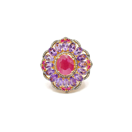 925 Sterling Silver Pave Diamond & Ruby Victorian Ring - SAR Gems