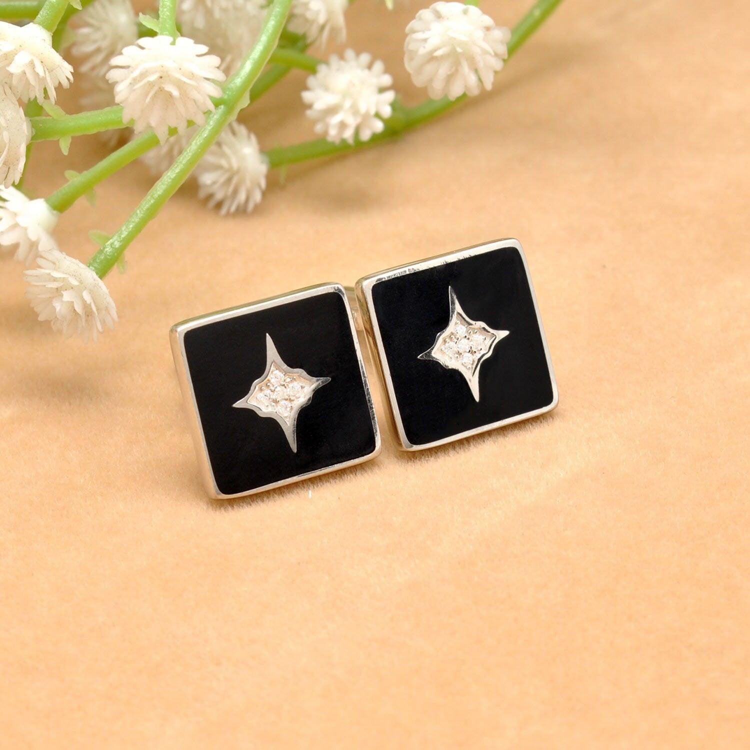 925 Sterling Silver Cubic Zirconia Starburst Black Cufflinks Jewelry - Sar Gems