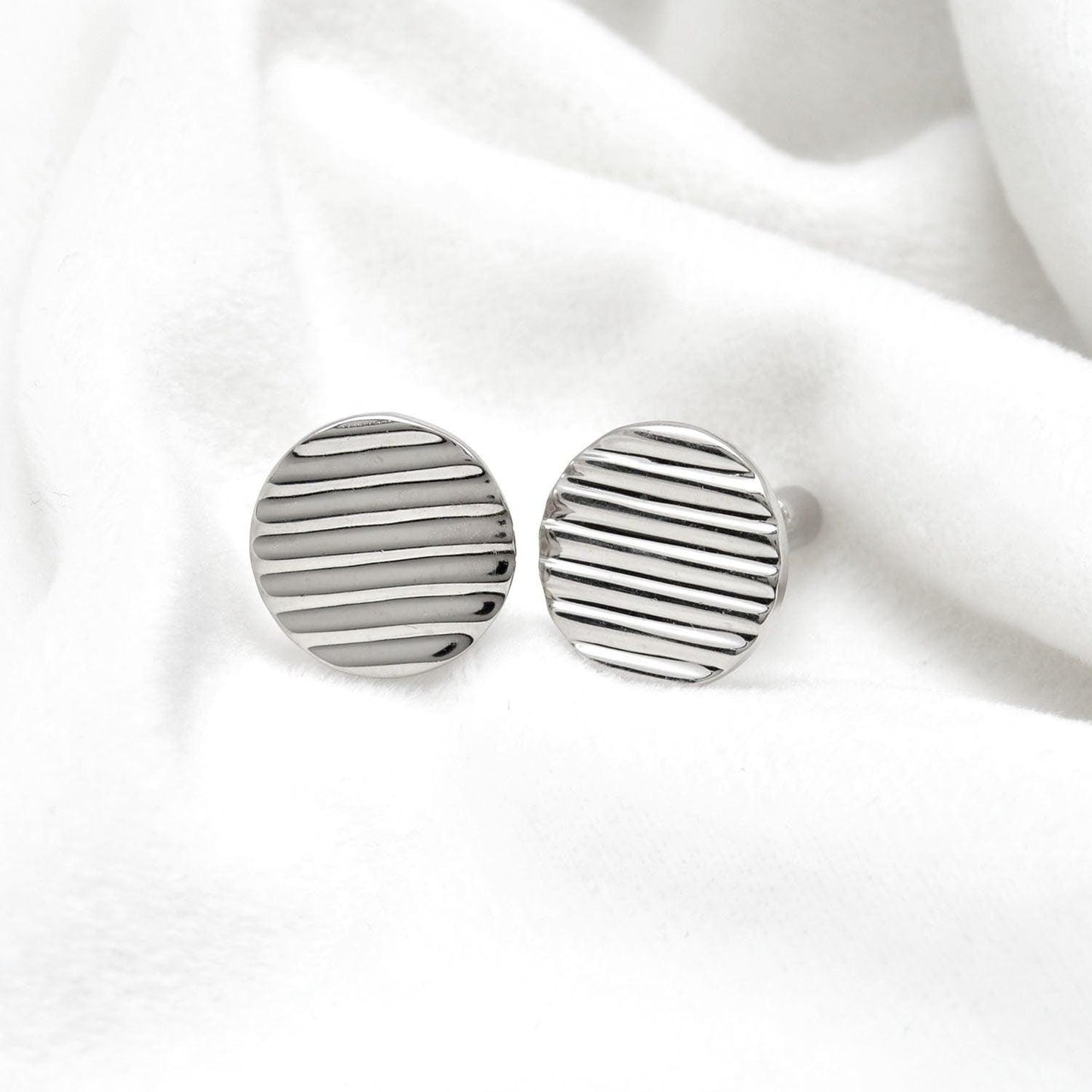 925 Sterling Silver Round Striped Cufflink - Sar Gems