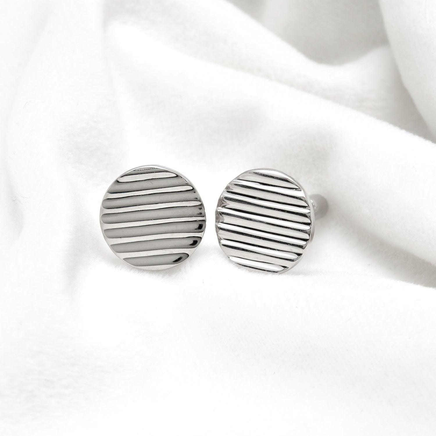 925 Sterling Silver Round Striped Cufflink - Sar Gems