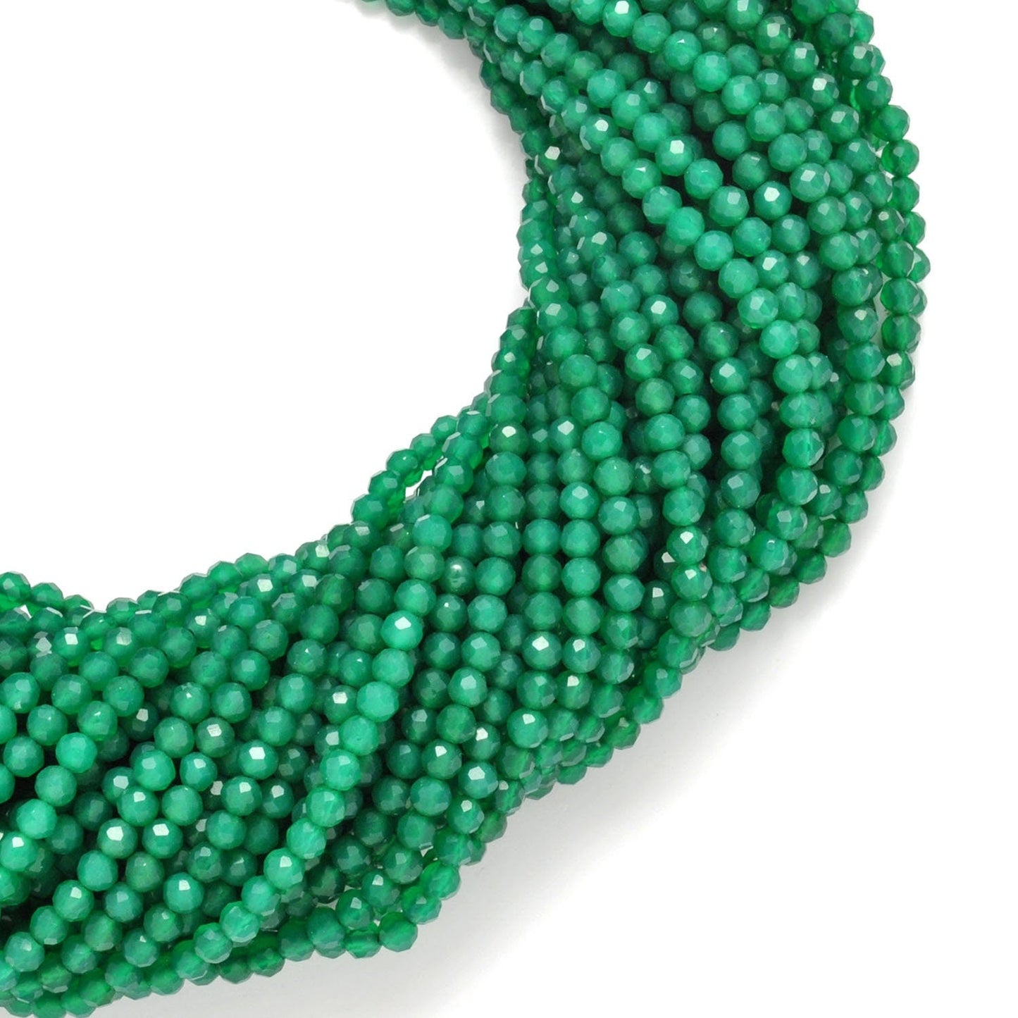 Natural Green Onyx Round Faceted Gemstone Beads 3-3.5mm 12.5" Strand - SAR Gems